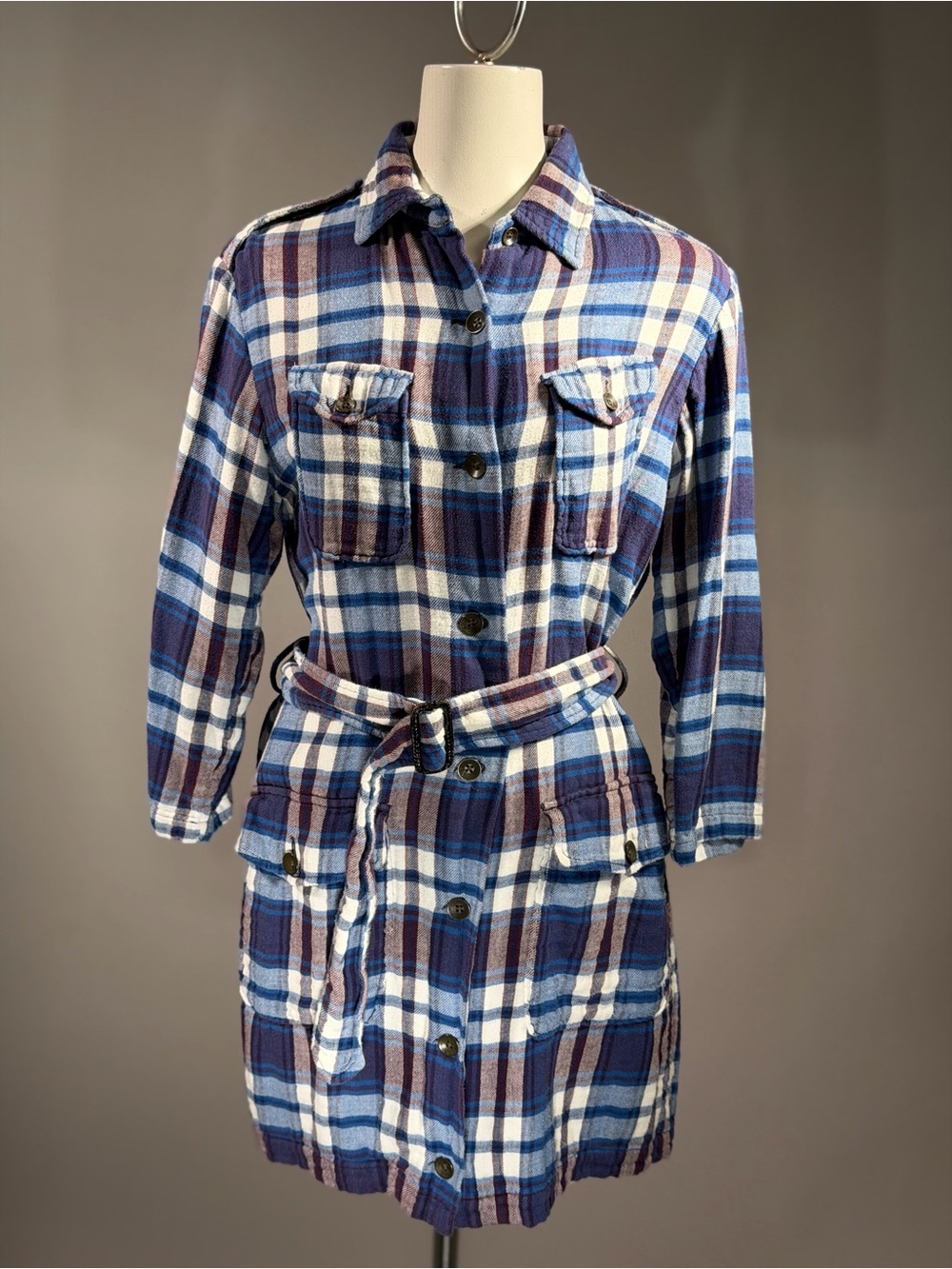 rag & bone Blue, White and Brown Plaid Shirt Dress with Tie Belt (r7t)